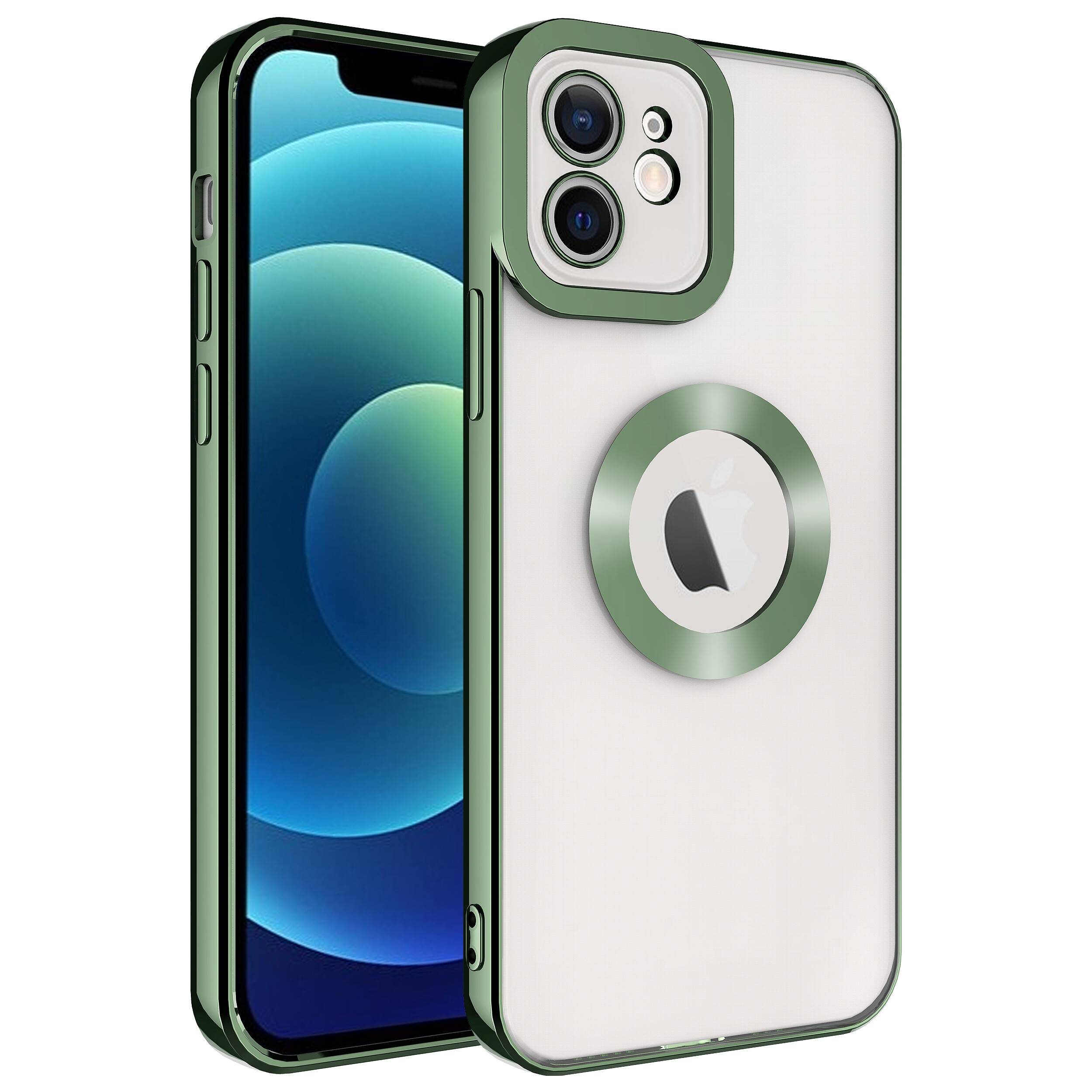 KNY Apple phone 12 Klf Renkli Kenarl Parlak Logosu Ak Omega Silikon