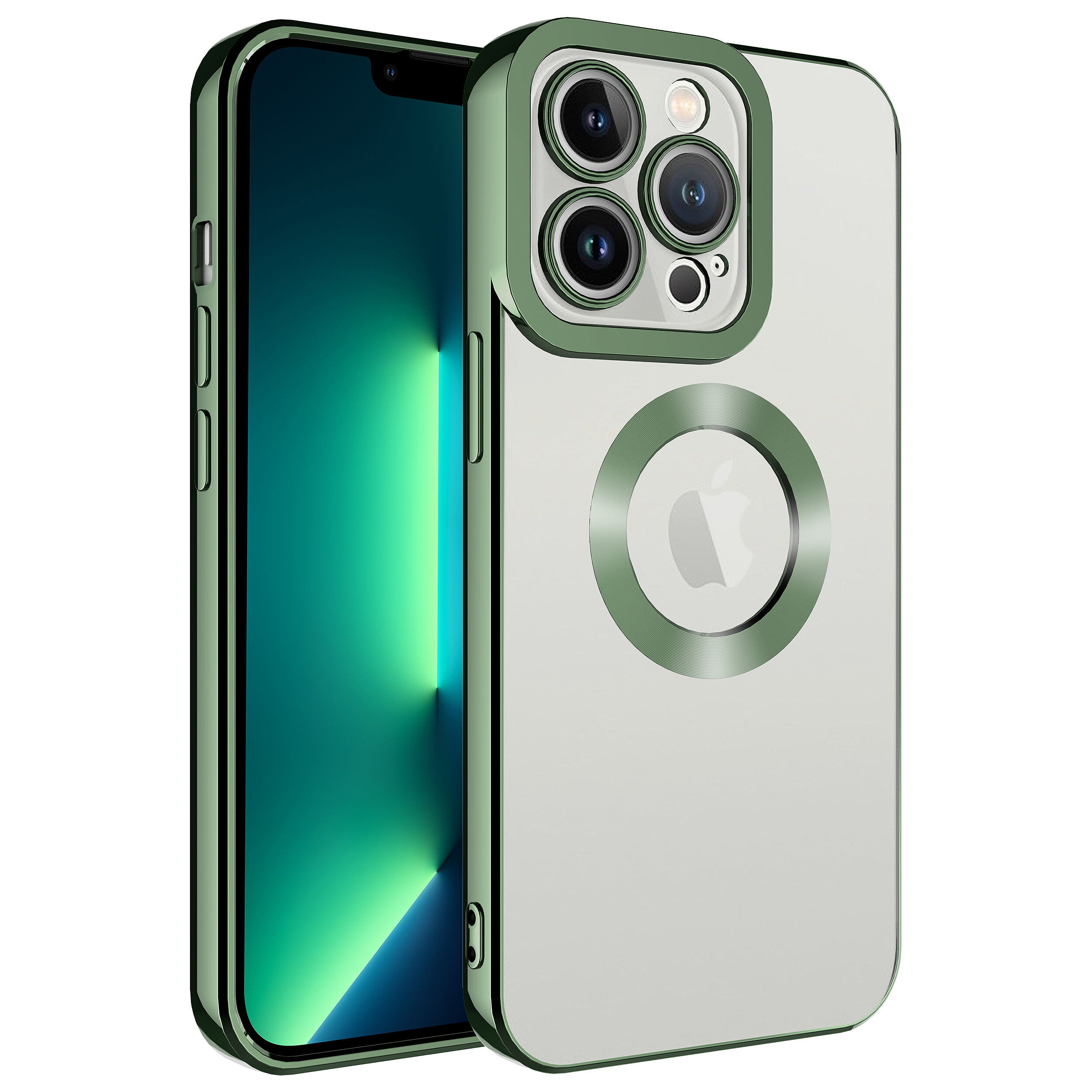 KNY Apple phone 12 Pro Klf Renkli Kenarl Parlak Logosu Ak Omega Silikon
