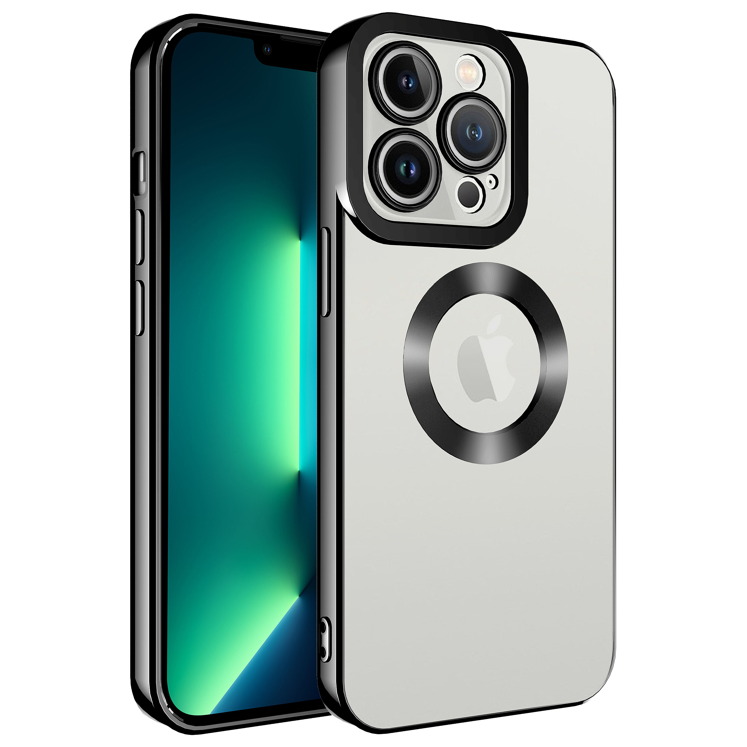 KNY Apple phone 12 Pro Max Klf Renkli Kenarl Parlak Logosu Ak Omega Silikon