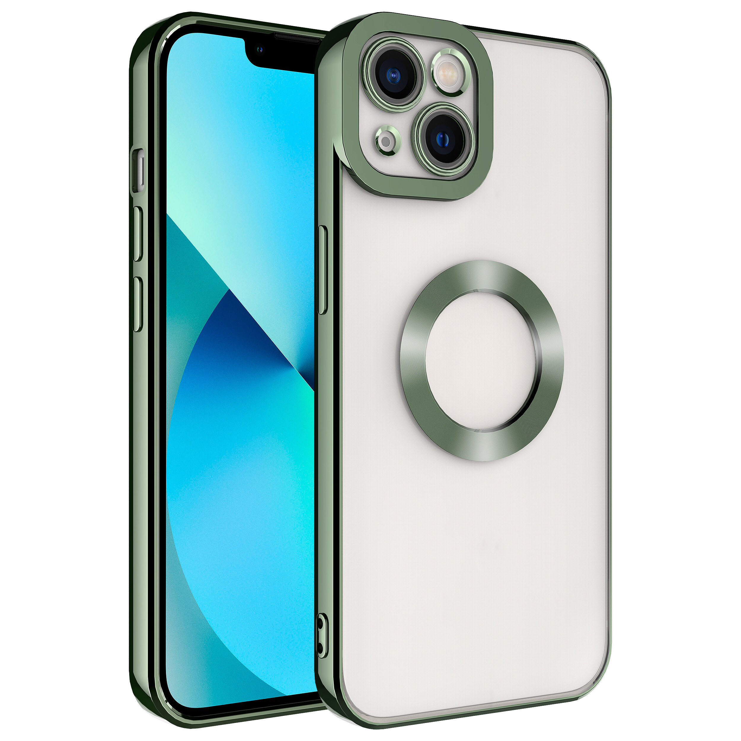 KNY Apple phone 14 Plus Klf Renkli Kenarl Parlak Logosu Ak Omega Silikon
