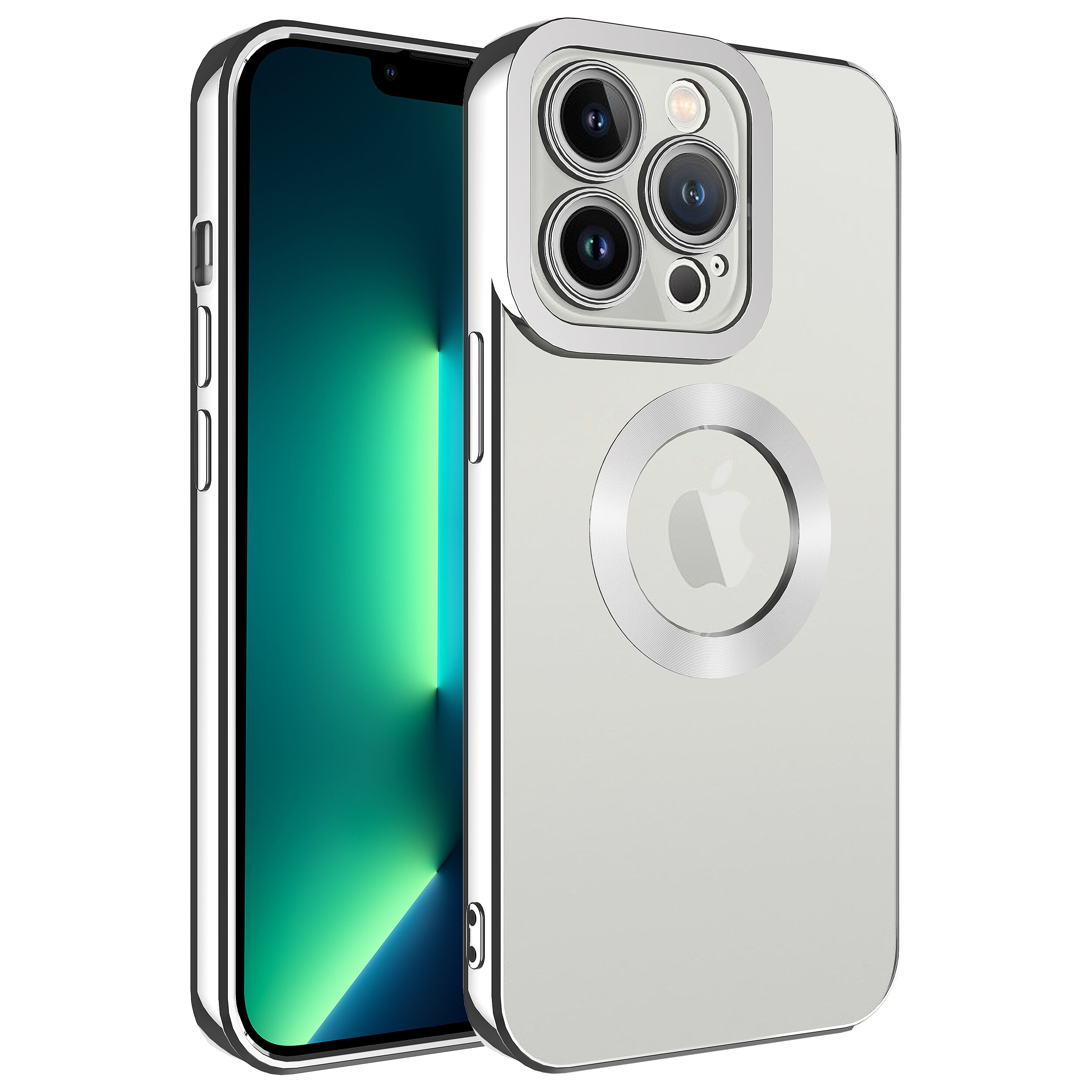 KNY Apple phone 14 Pro Max Klf Renkli Kenarl Parlak Logosu Ak Omega Silikon