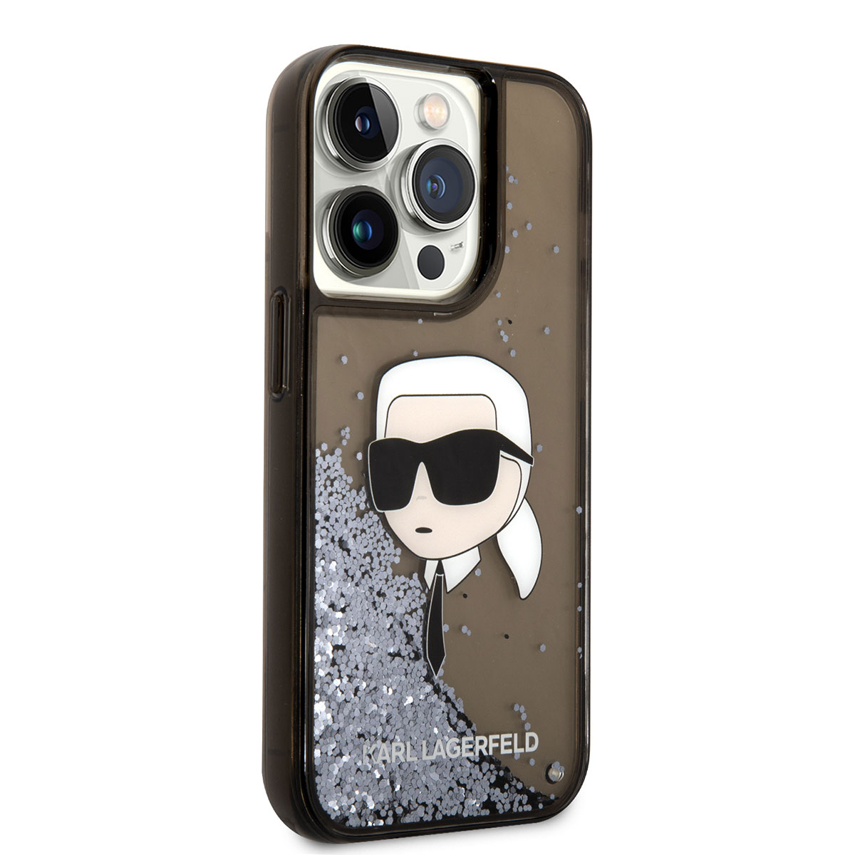 Apple iPhone 14 Pro Kılıf Karl Lagerfeld Sıvılı Simli Karl Head Dizayn Kapak