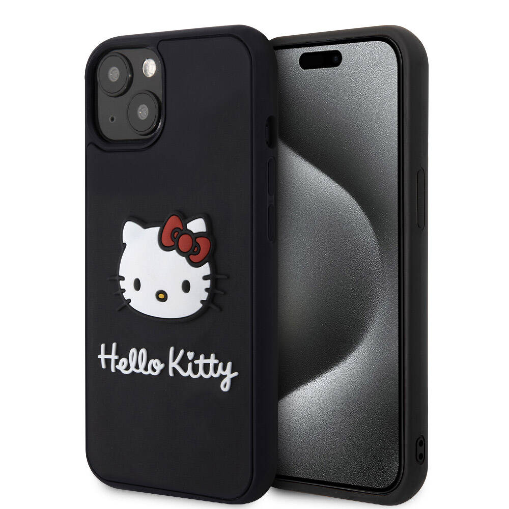 Apple iPhone 15 Kılıf Hello Kitty Orjinal Lisanslı Yazı ve İkonik Logolu 3D Rubber Kitty Head Kapak