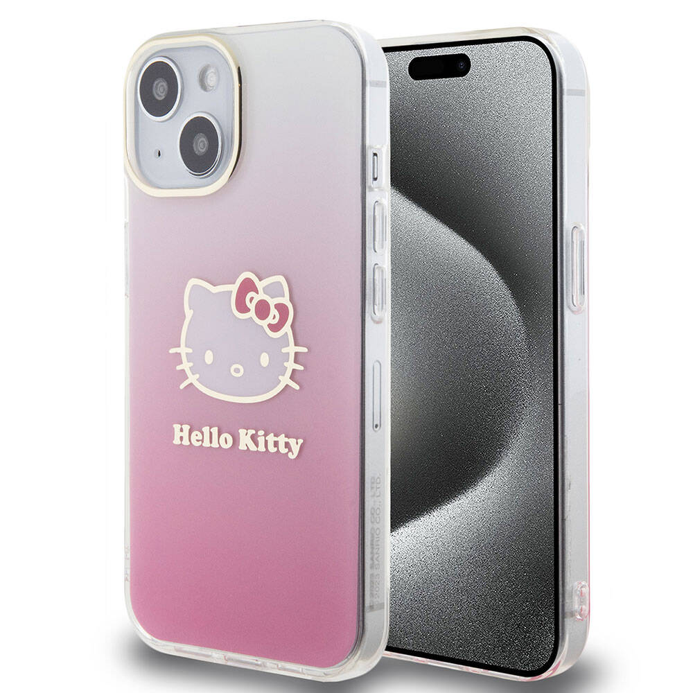 Apple iPhone 15 Klf Hello Kitty Orjinal Lisansl Yaz ve konik Logolu Elektroplating Kaplama Gradyan Kapak