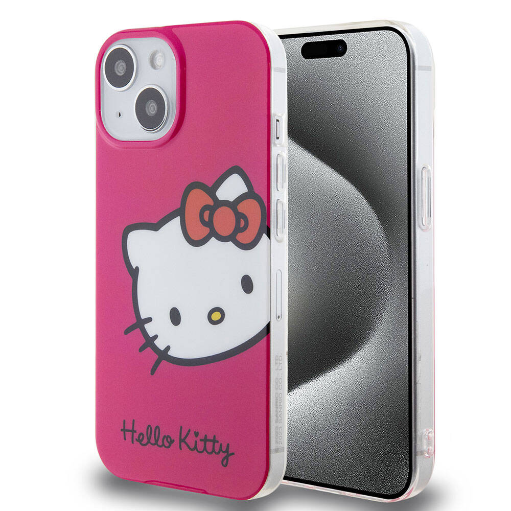 Apple iPhone 15 Klf Hello Kitty Orjinal Lisansl Yaz ve konik Logolu Kitty Head Kapak