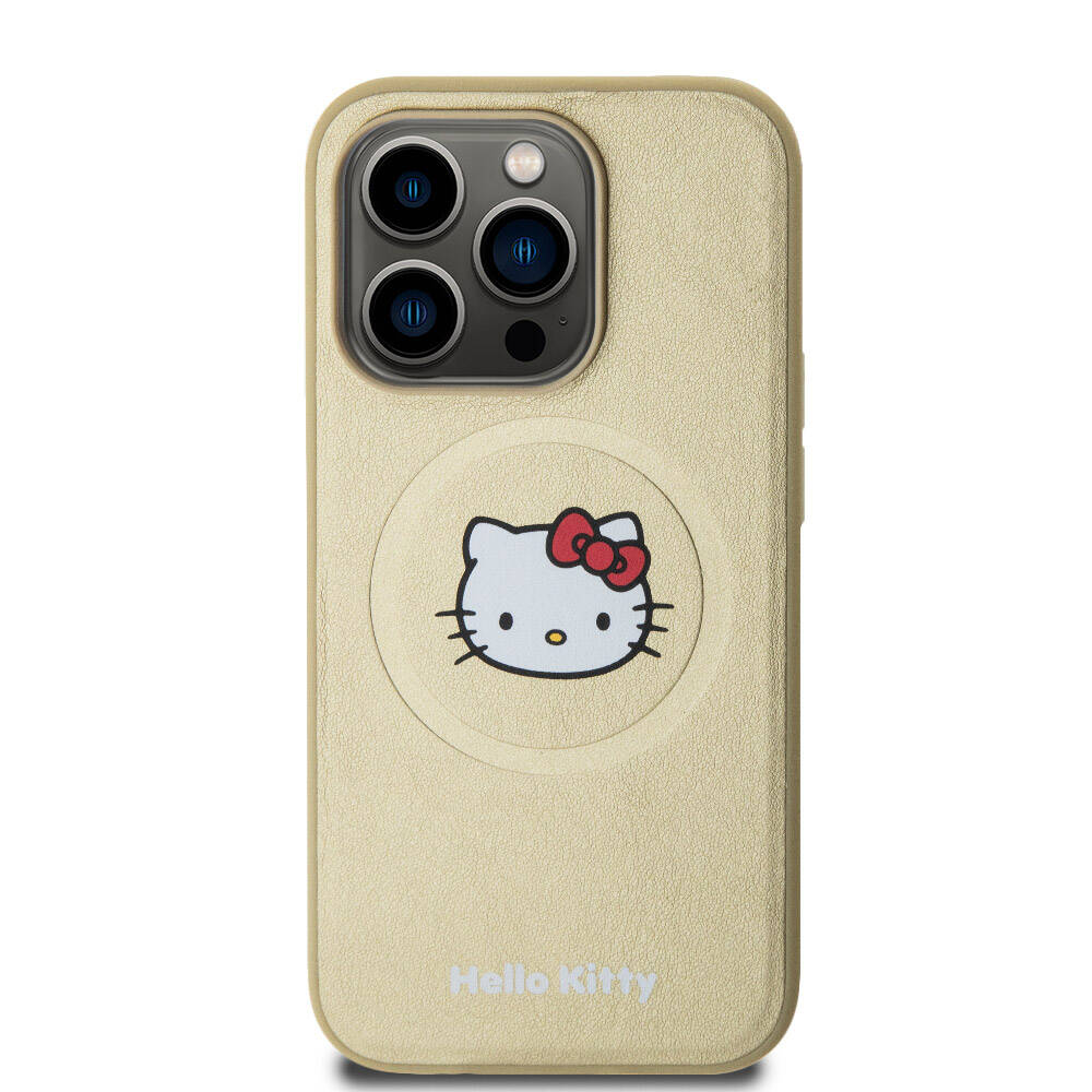 Apple iPhone 15 Pro Klf Hello Kitty Orjinal Lisansl Magsafe arj zellikli Kitty Head Deri Kapak