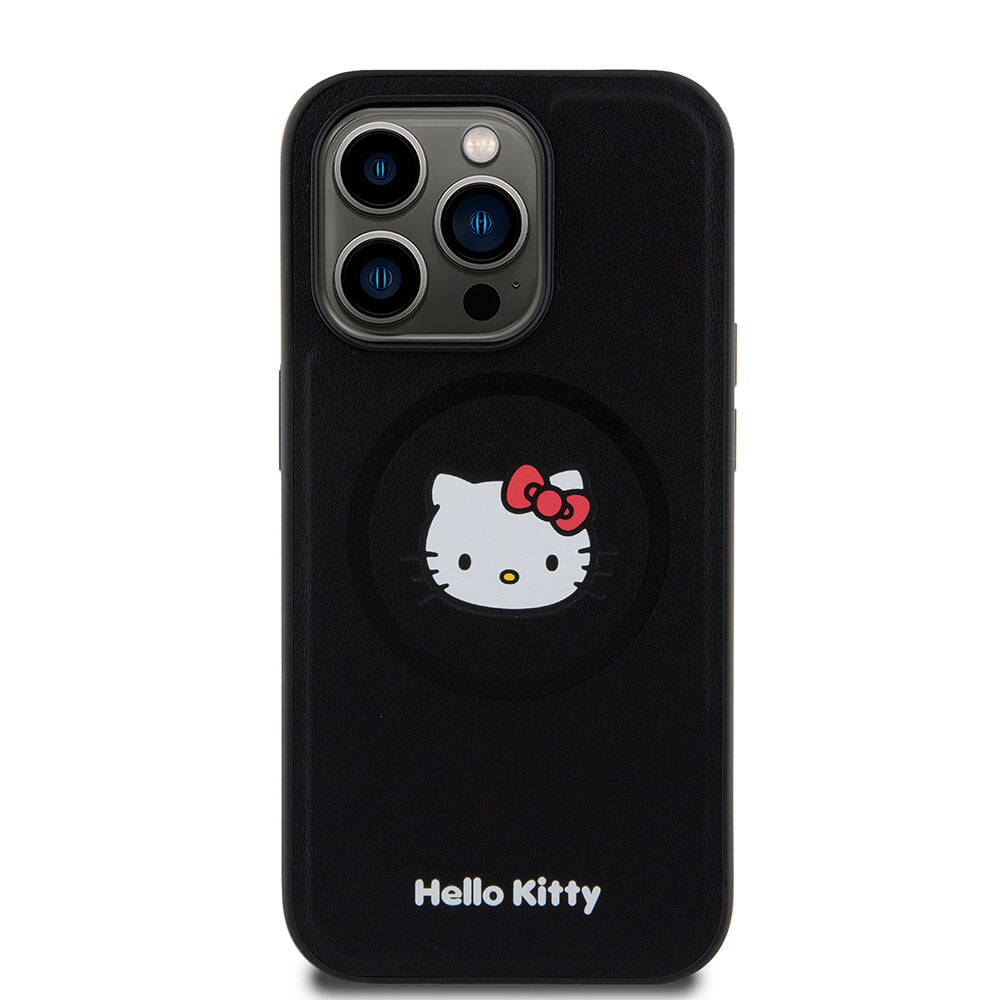 Apple iPhone 15 Pro Klf Hello Kitty Orjinal Lisansl Magsafe arj zellikli Kitty Head Deri Kapak