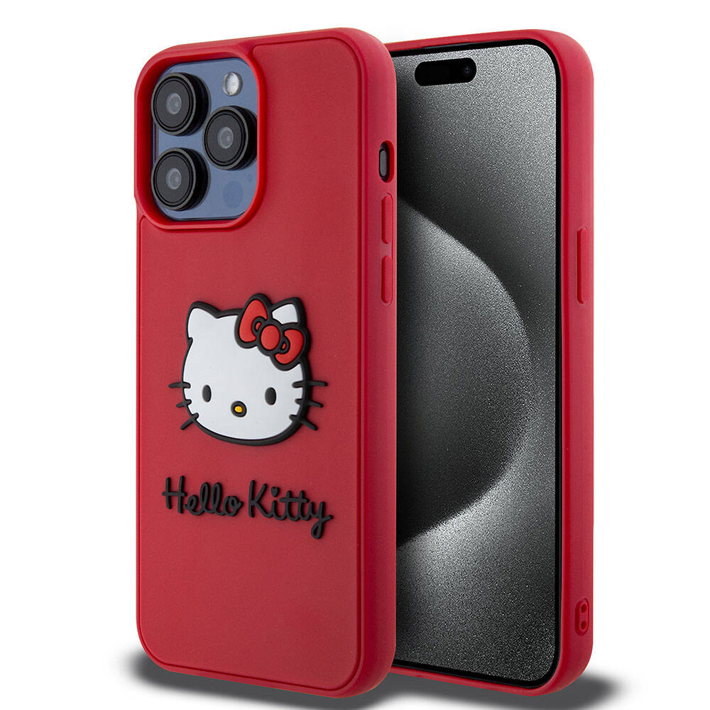 Apple iPhone 15 Pro Kılıf Hello Kitty Orjinal Lisanslı Yazı ve İkonik Logolu 3D Rubber Kitty Head Kapak