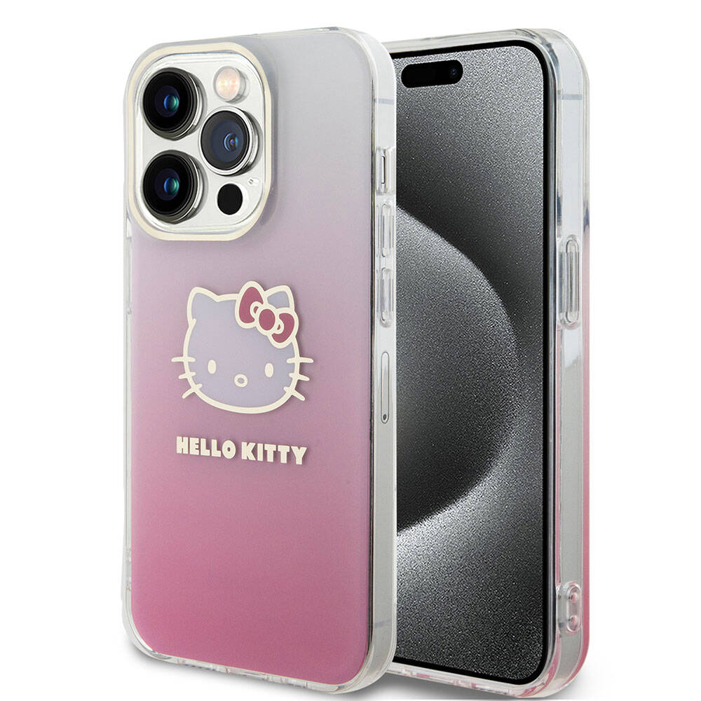 Apple iPhone 15 Pro Klf Hello Kitty Orjinal Lisansl Yaz ve konik Logolu Elektroplating Kaplama Gradyan Kapak