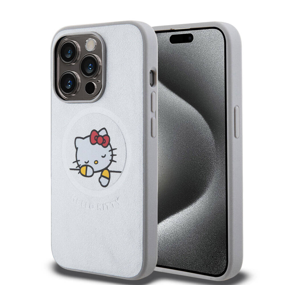 Apple iPhone 15 Pro Max Kılıf Hello Kitty Orjinal Lisanslı Magsafe Şarj Özellikli Baskı Logolu Uyuyan Kitty Deri Kapak