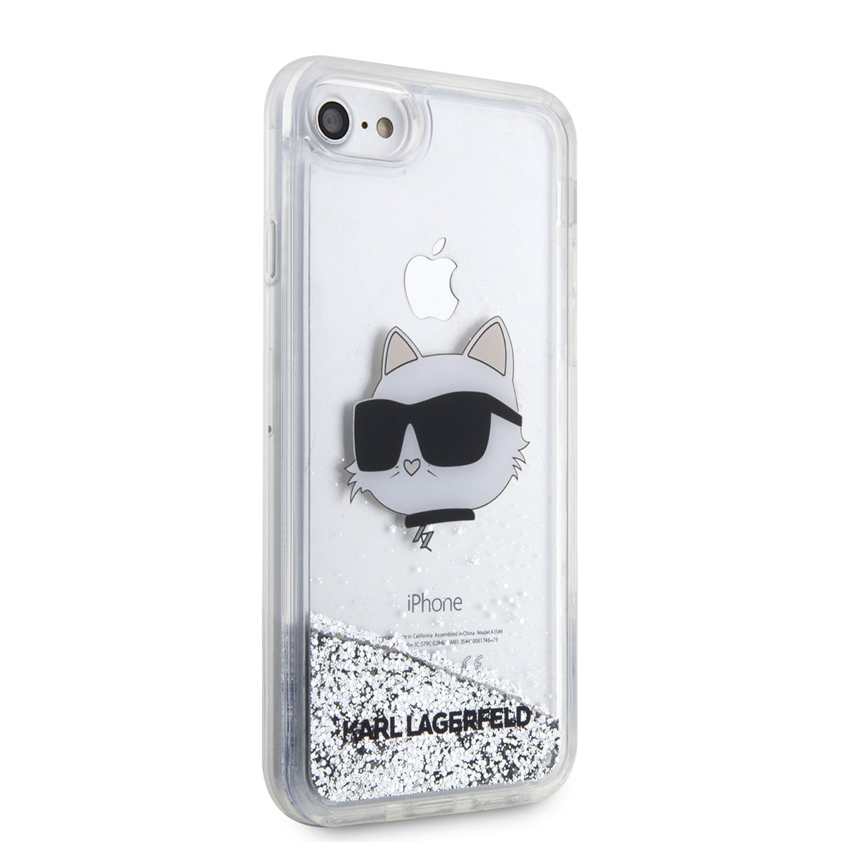 Apple iPhone SE 2020 Kılıf Karl Lagerfeld Sıvılı Simli Choupette Head Dizayn Kapak