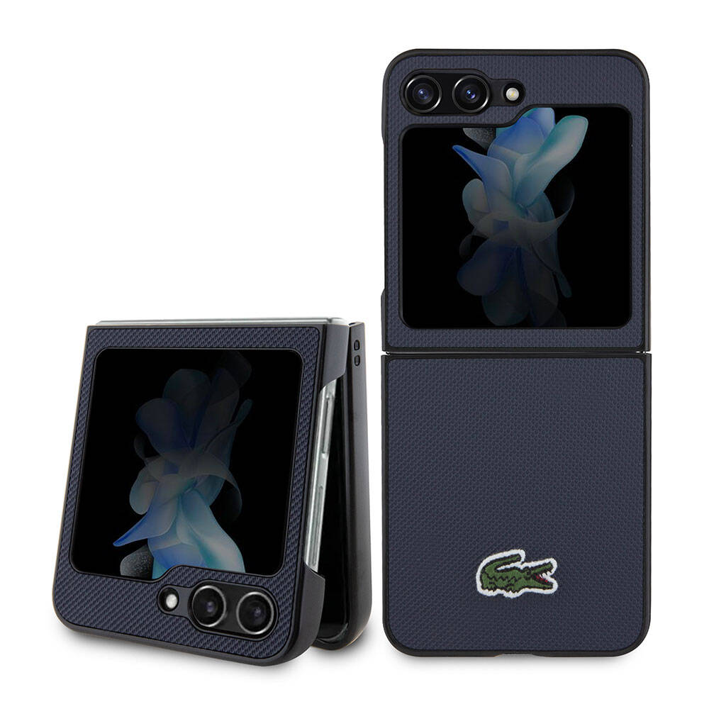 Galaxy Z Flip 5 Klf Lacoste Orjinal Lisansl PU Pike Desenli Arka Yzey konik Timsah Dokuma Logolu Kapak