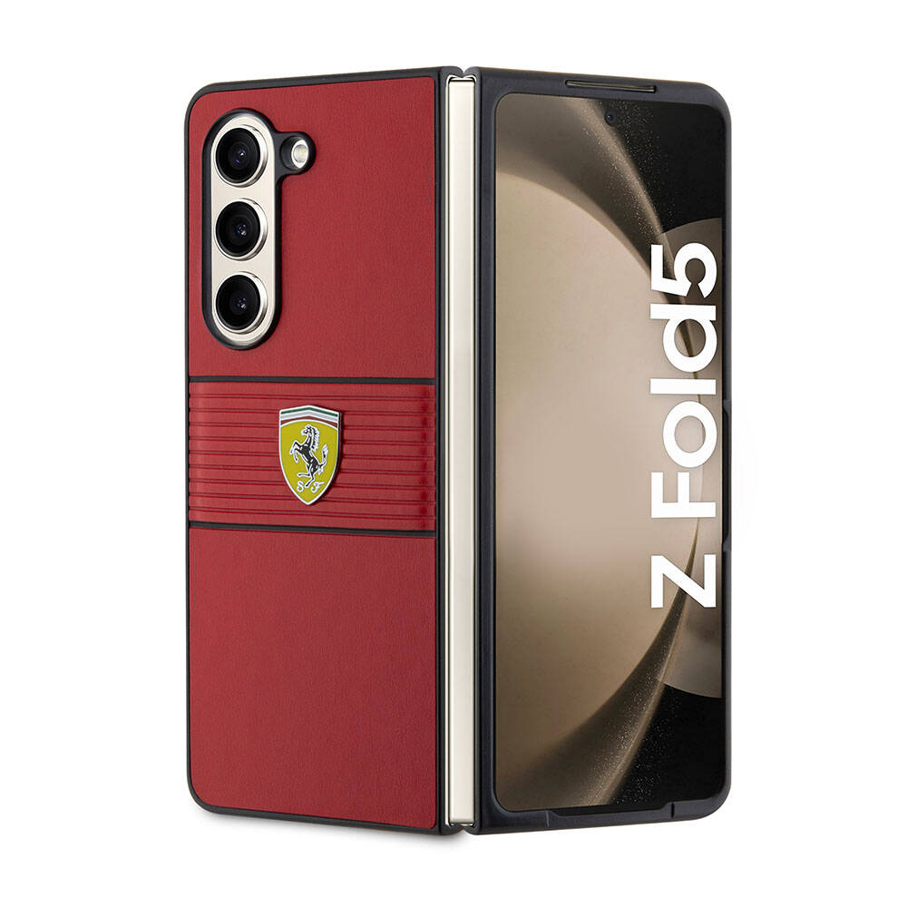 Galaxy Z Fold 5 Klf Ferrari Orjinal Lisansl PU Deri Metal Logolu Multi izgili Kapak