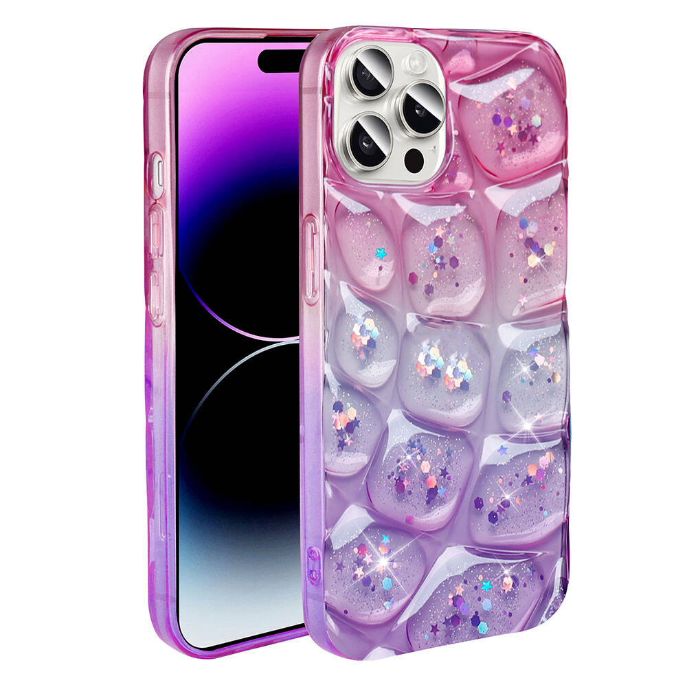 KNY Apple phone 15 Pro Klf Kabartmal Simli 3D Kabuk Desenli Nacar Silikon