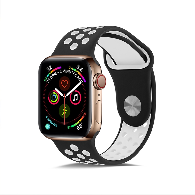 KNY Apple Watch 38 MM in Delikli Renkli Spor Silikon Kordon-Kay Siyah-Beyaz