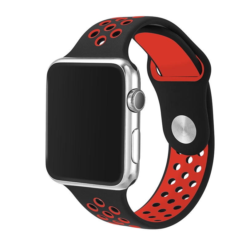 KNY Apple Watch 38 MM in Delikli Renkli Spor Silikon Kordon-Kay Siyah-Krmz
