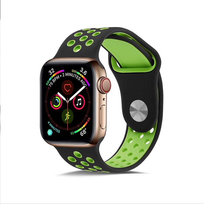 KNY Apple Watch 38 MM in Delikli Renkli Spor Silikon Kordon-Kay Siyah-Yeil