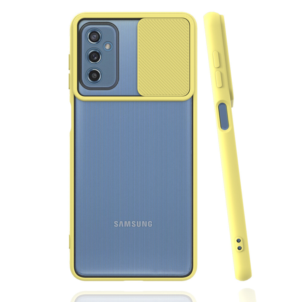 KNY Samsung Galaxy M52 Kılıf Renkli Kenarlı Kamera Korumalı Sürgülü Lensi Kapak