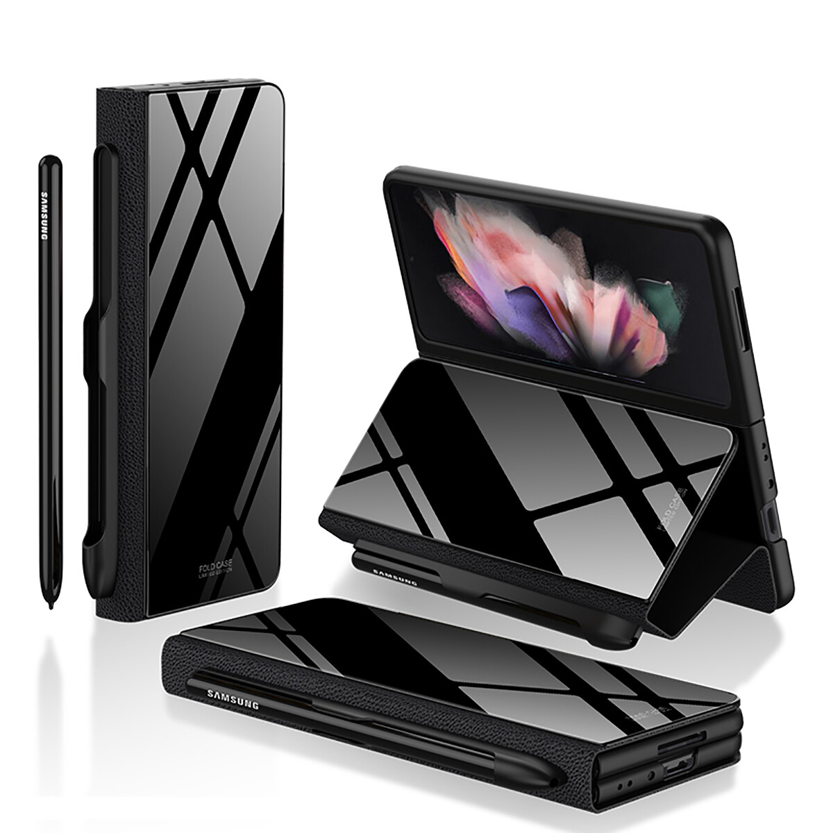 KNY Samsung Galaxy Z Fold 3 Kılıf Kalem Koymalı Kapaklı Standlı PU Deri Kapak Siyah